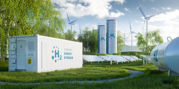 The concept of storing electrical energy in hydrogen by electrolysis. The system captures an electrolysis unit, storage tanks, solar and wind power plants on a lush lawn among the trees. 3d rendering