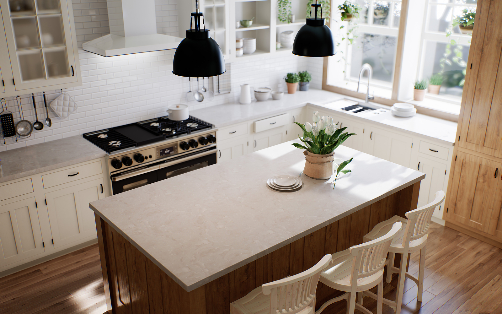 The Interior Of A Large U-shaped Kitchen With A Wooden Front And